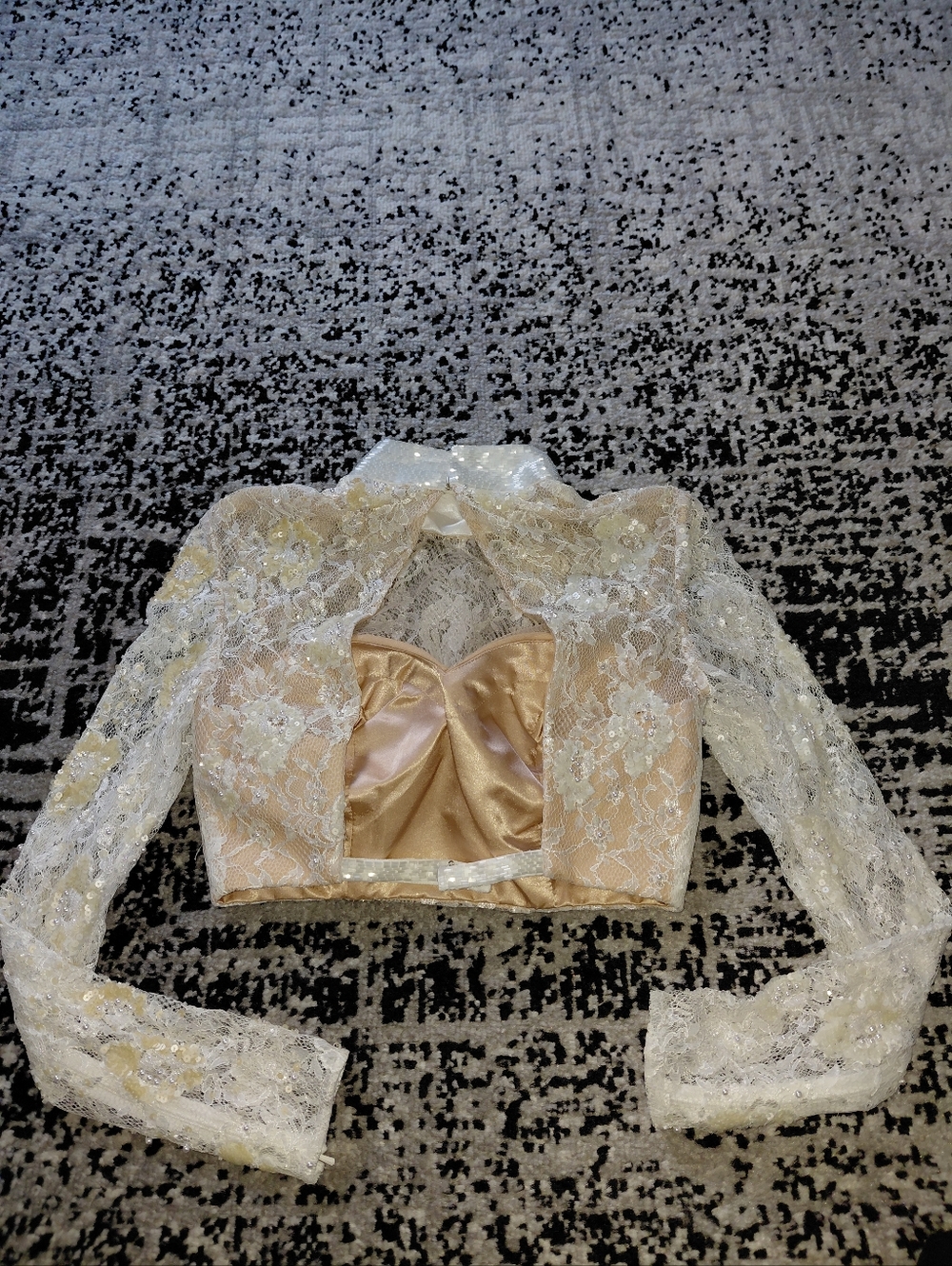 Sherri Hill Size 00 White Pearl Beaded Lace Open Back Cropped Prom Top High Neck - Picture 9 of 14